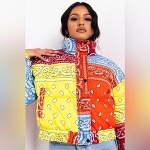 Akira Paisley Colorful Bandana Print Puffer Jacket